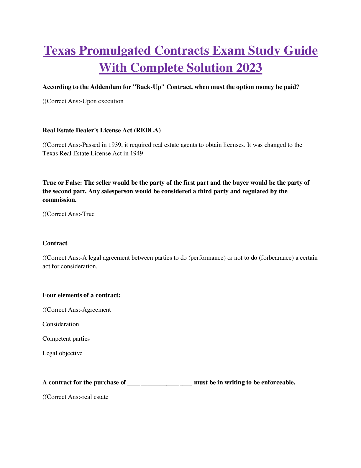 Preview image of Texas Promulgated Contracts Exam Study Guide With Complete Solution 2023 document